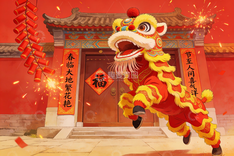 高清大图下载【趣麦麦图】春节舞狮庆祝传统节日