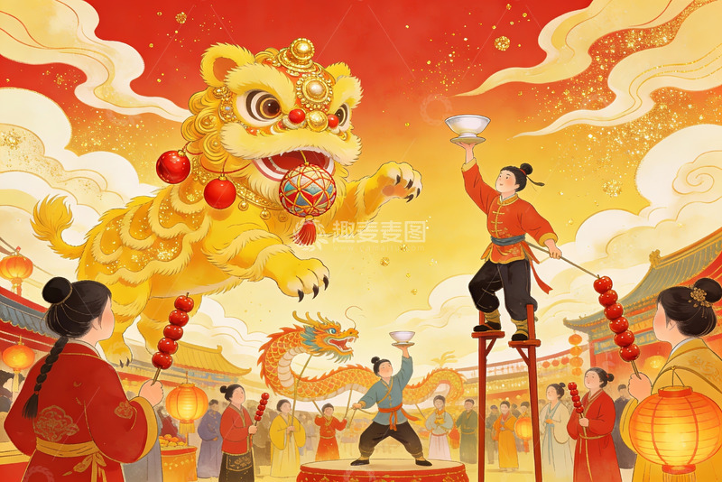 高清大图下载【趣麦麦图】春节舞狮表演热闹非凡