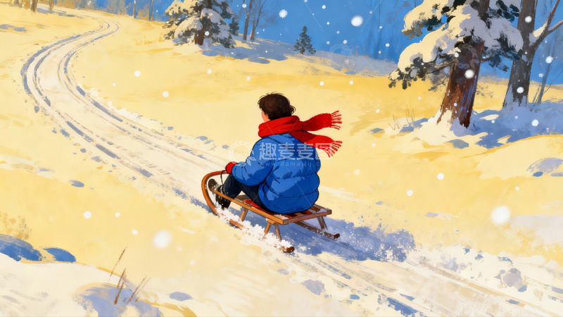 高清大图下载【趣麦麦图】雪地滑橇冬日欢乐场景