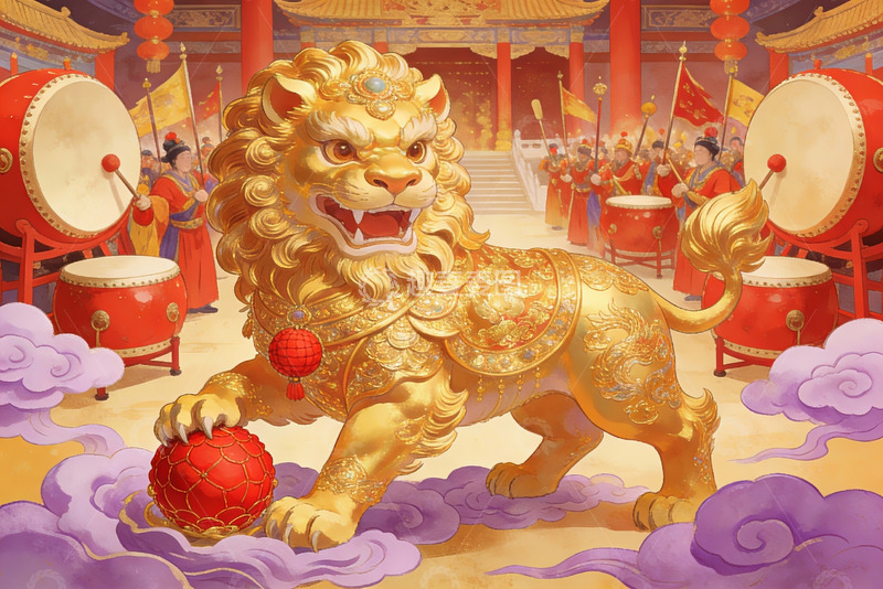 高清大图下载【趣麦麦图】金色狮子舞庆典场景