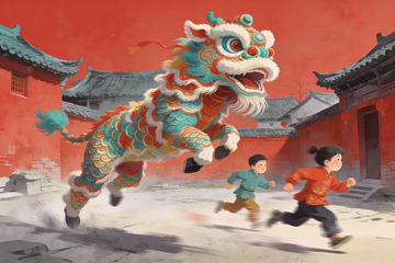 舞狮表演孩童追逐欢乐场景