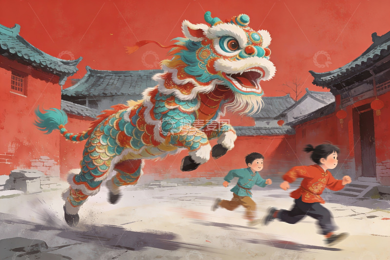 高清大图下载【趣麦麦图】舞狮表演孩童追逐欢乐场景