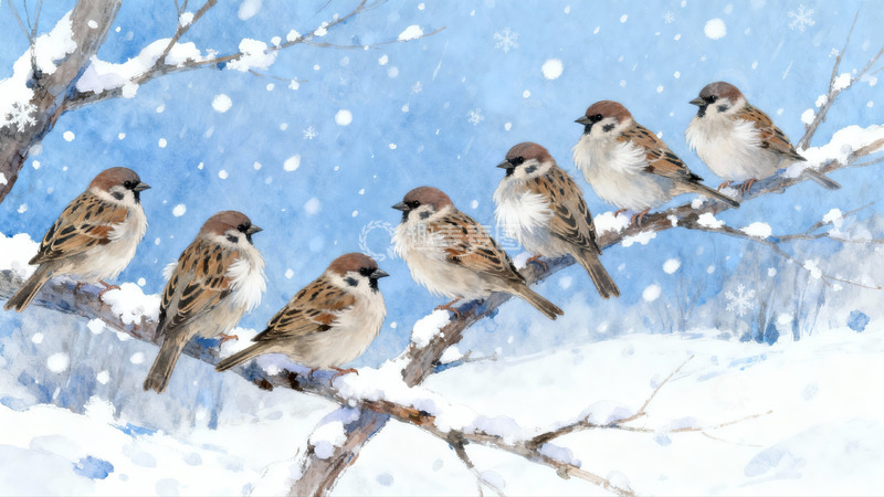 高清大图下载【趣麦麦图】雪中麻雀栖息树枝