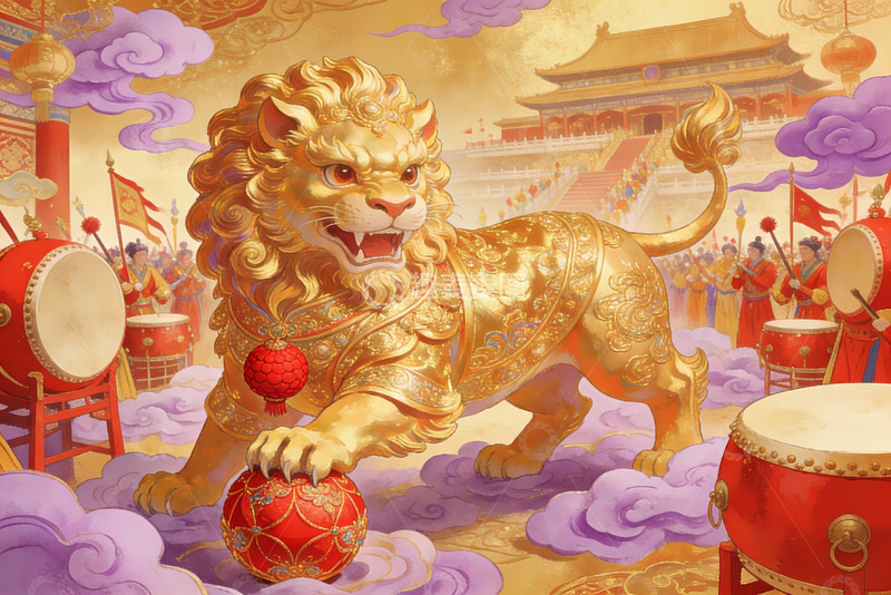 高清大图下载【趣麦麦图】金色狮子舞庆典场景