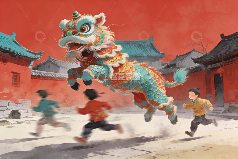 高清大图下载【趣麦麦图】舞狮表演儿童追逐欢乐场景