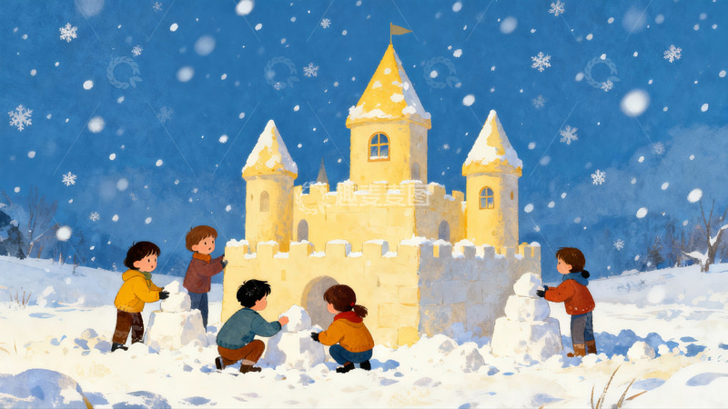 高清大图下载【趣麦麦图】儿童雪地堆砌城堡欢乐场景