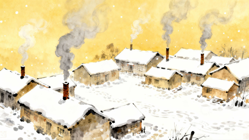 高清大图下载【趣麦麦图】雪后村庄烟囱冒烟景象