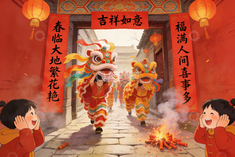 高清大图下载【趣麦麦图】春节舞狮欢庆场景