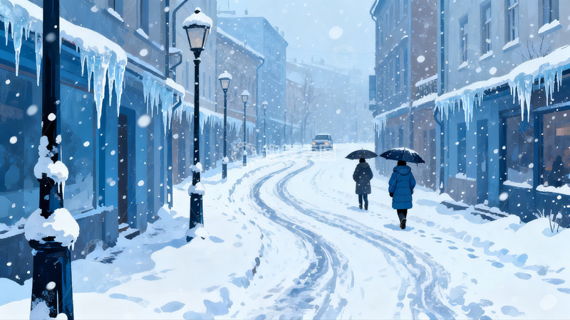 高清大图下载【趣麦麦图】雪夜街道行人撑伞漫步