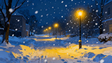 雪夜街灯下的宁静小径