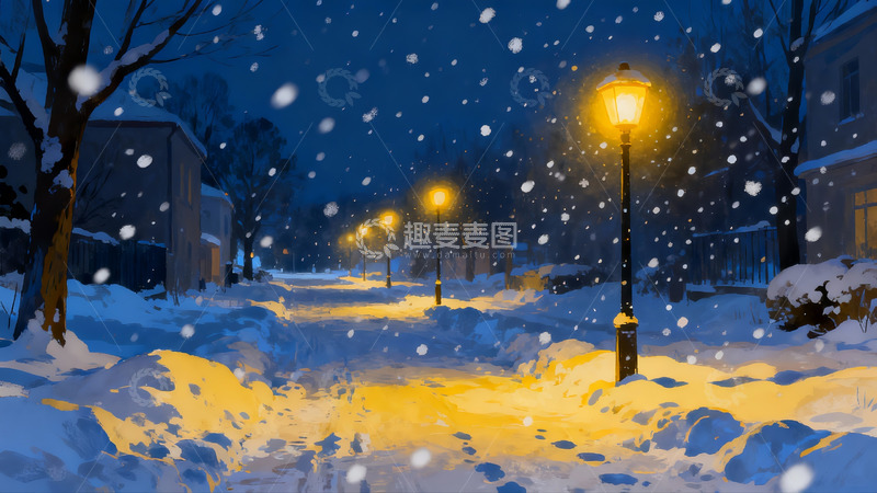 高清大图下载【趣麦麦图】雪夜街灯下的宁静小径