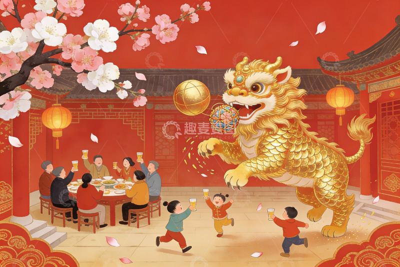 高清大图下载【趣麦麦图】春节庭院舞狮团圆饭