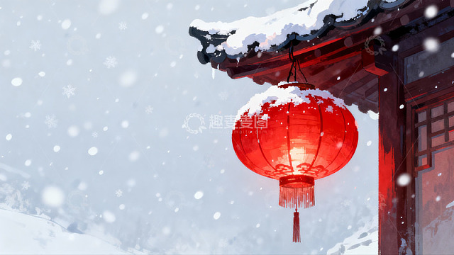雪中红灯笼映古建筑