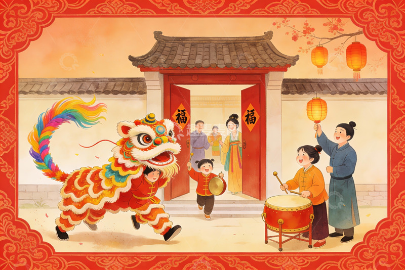 高清大图下载【趣麦麦图】春节舞狮欢庆场景