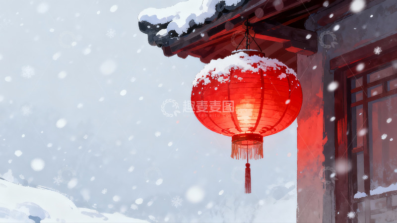 高清大图下载【趣麦麦图】雪中红灯笼映古建筑