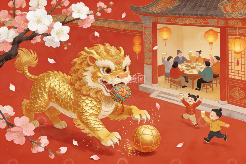 高清大图下载【趣麦麦图】春节舞狮欢庆团圆