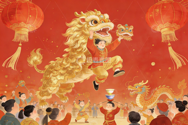 高清大图下载【趣麦麦图】春节舞狮热闹场景