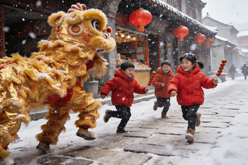 雪中舞狮孩童嬉戏欢乐场景