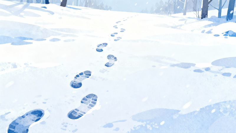 高清大图下载【趣麦麦图】雪地脚印延伸远方