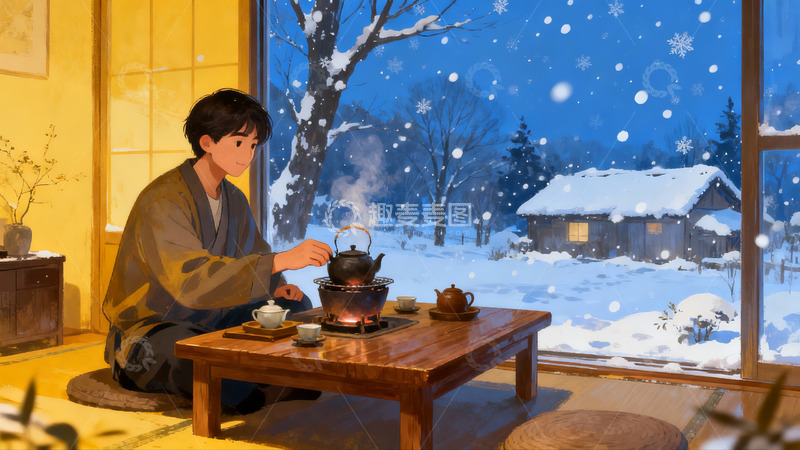 高清大图下载【趣麦麦图】雪夜榻榻米上煮茶