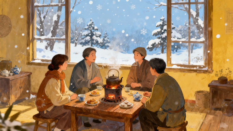 高清大图下载【趣麦麦图】四人围炉雪景对饮温馨画面