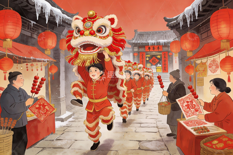 高清大图下载【趣麦麦图】春节舞狮街头热闹场景