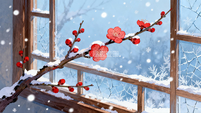 雪中窗前红梅绽放