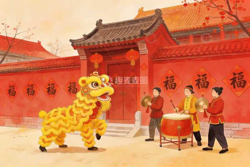 高清大图下载【趣麦麦图】春节舞狮与锣鼓表演
