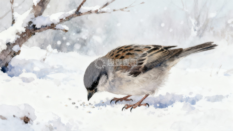 高清大图下载【趣麦麦图】雪地麻雀觅食瞬间