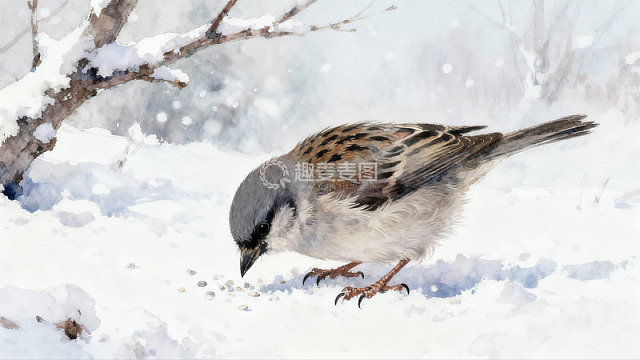 雪地麻雀觅食瞬间