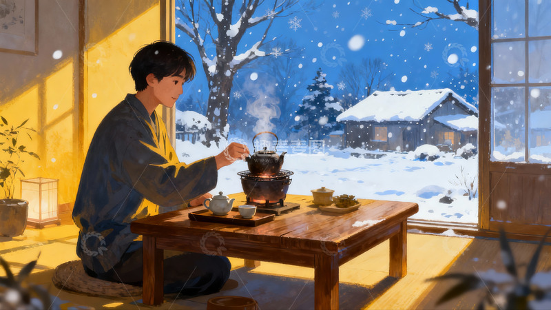 高清大图下载【趣麦麦图】雪夜室内茶饮静景