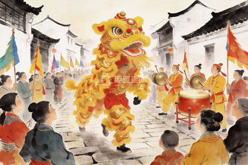 高清大图下载【趣麦麦图】传统舞狮表演热闹街景