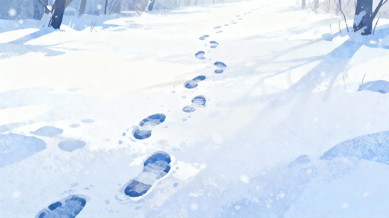 高清大图下载【趣麦麦图】雪地脚印延伸至远方