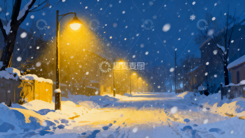 高清大图下载【趣麦麦图】雪夜街灯下的宁静冬景