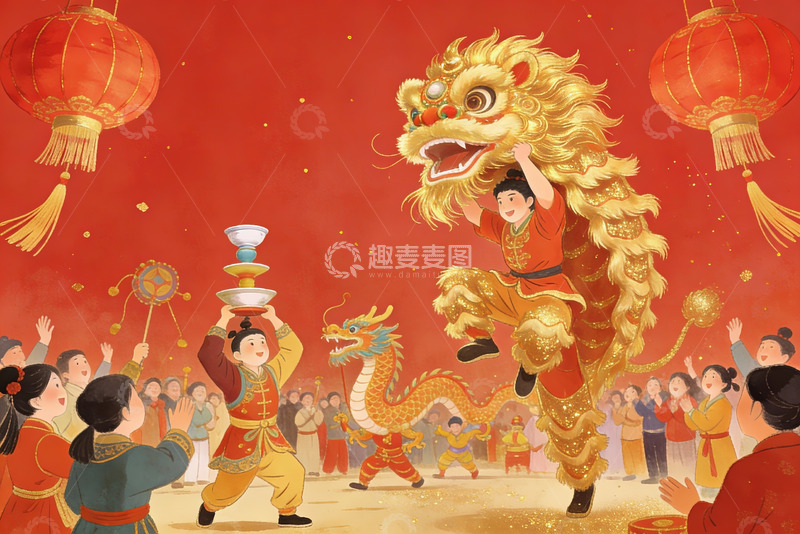 高清大图下载【趣麦麦图】春节舞狮表演热闹非凡