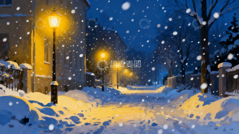 高清大图下载【趣麦麦图】冬夜雪景街道灯光温暖