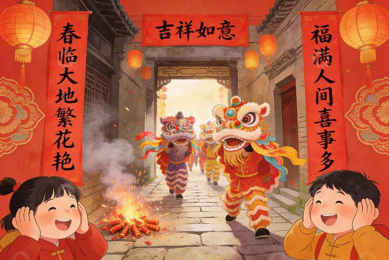 高清大图下载【趣麦麦图】春节舞狮欢庆场景