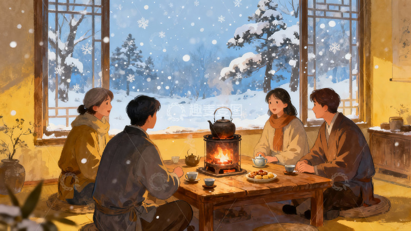 高清大图下载【趣麦麦图】四人围炉赏雪温馨场景