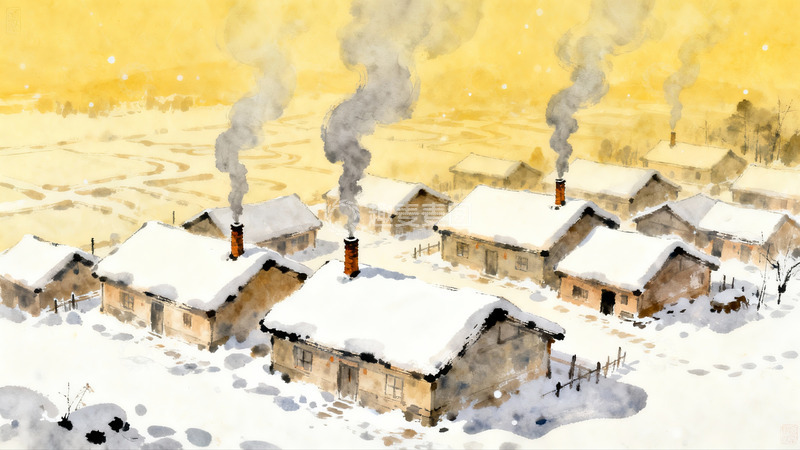 高清大图下载【趣麦麦图】雪后村庄烟囱冒烟景象