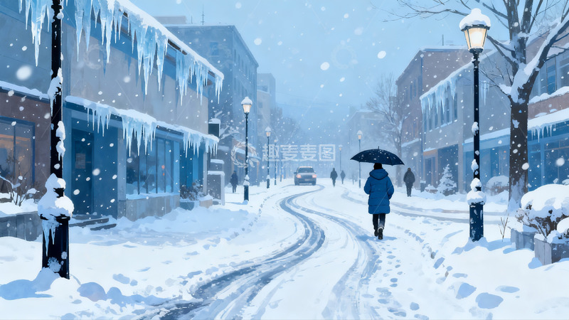 高清大图下载【趣麦麦图】雪夜街景行人撑伞漫步