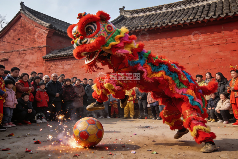 高清大图下载【趣麦麦图】舞狮表演火花四溅热闹非凡