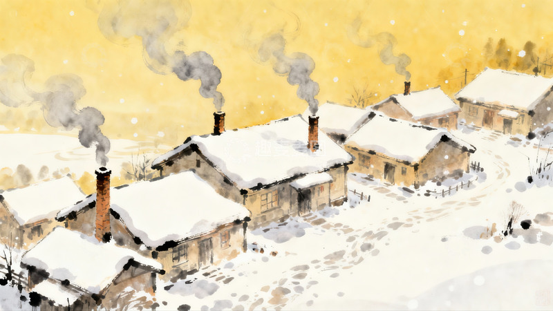 高清大图下载【趣麦麦图】雪后村庄烟囱冒烟景象