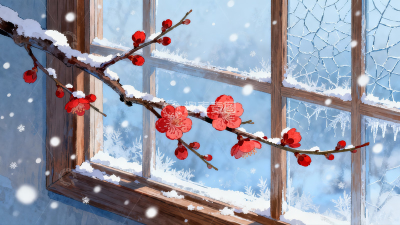 高清大图下载【趣麦麦图】雪中红梅窗前绽放