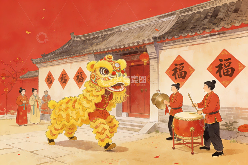 高清大图下载【趣麦麦图】传统舞狮表演热闹场景