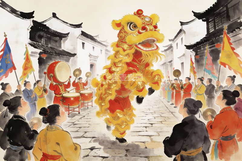 高清大图下载【趣麦麦图】传统舞狮表演热闹街景