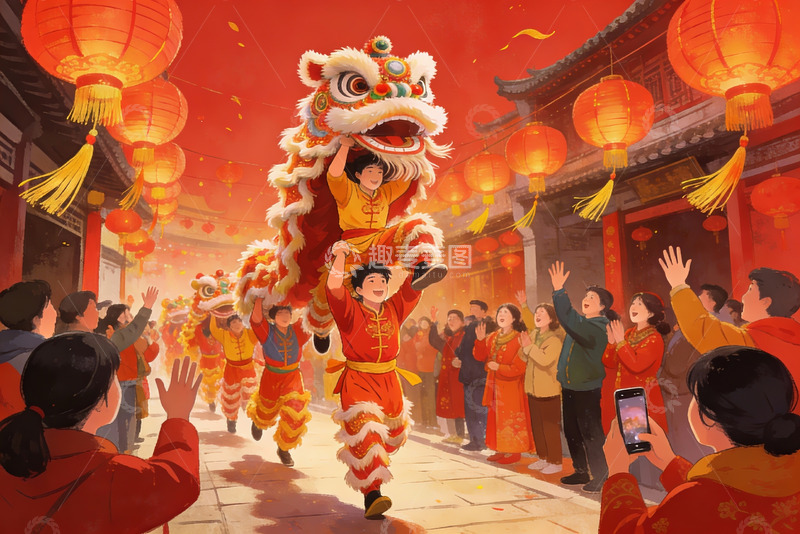 高清大图下载【趣麦麦图】春节舞狮热闹街景