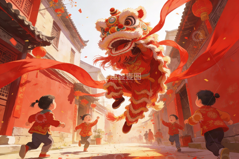 高清大图下载【趣麦麦图】舞狮表演欢庆节日街头场景