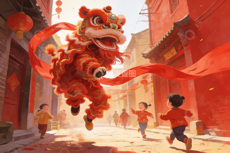 高清大图下载【趣麦麦图】春节舞狮街头欢庆
