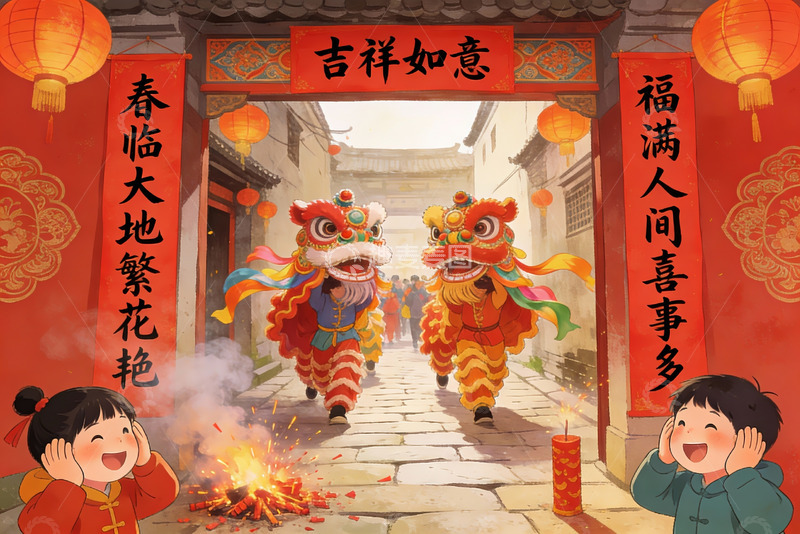 高清大图下载【趣麦麦图】春节舞狮热闹场景
