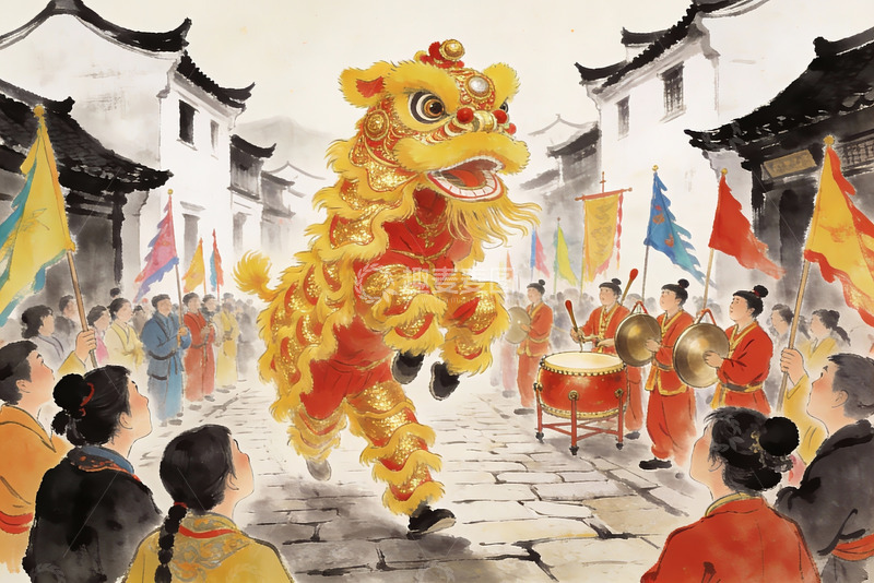 高清大图下载【趣麦麦图】传统舞狮表演热闹街景